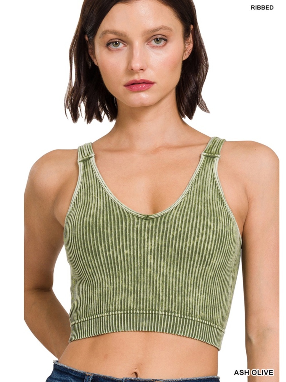 Zenana Bailey Washed Seamless Cropped V-Neck Bra Padded Tank Top Ash Olive S/M